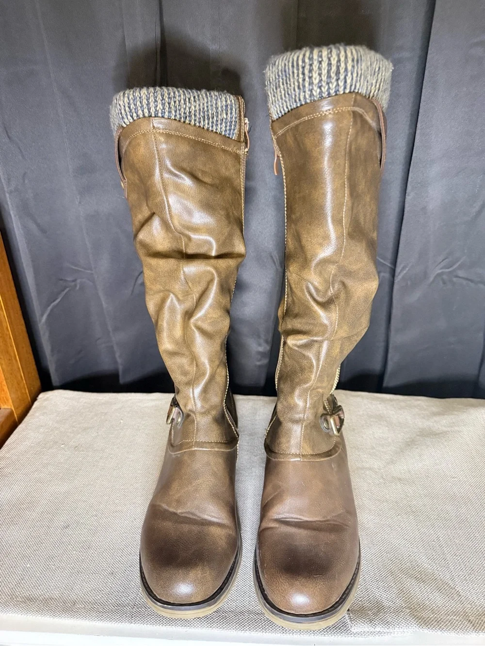 Women’s Knee-High Slouchy Brown Boots with Knit Cuff Size 8